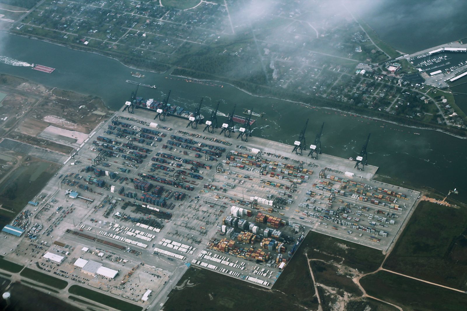 Aerial view of a container terminal stacked with cargo containers